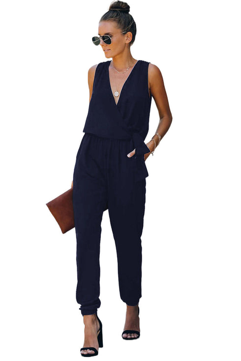 Deep V-Neck Sleeveless Solid Jumpsuit